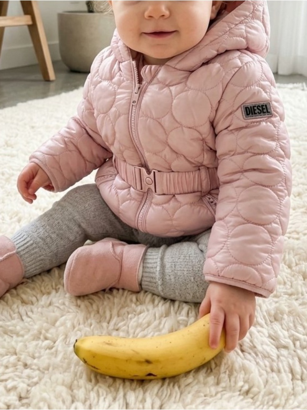 Diesel Kids Pink Quilted Puffer Hooded Winter Jacket with Belt Size 12 Months